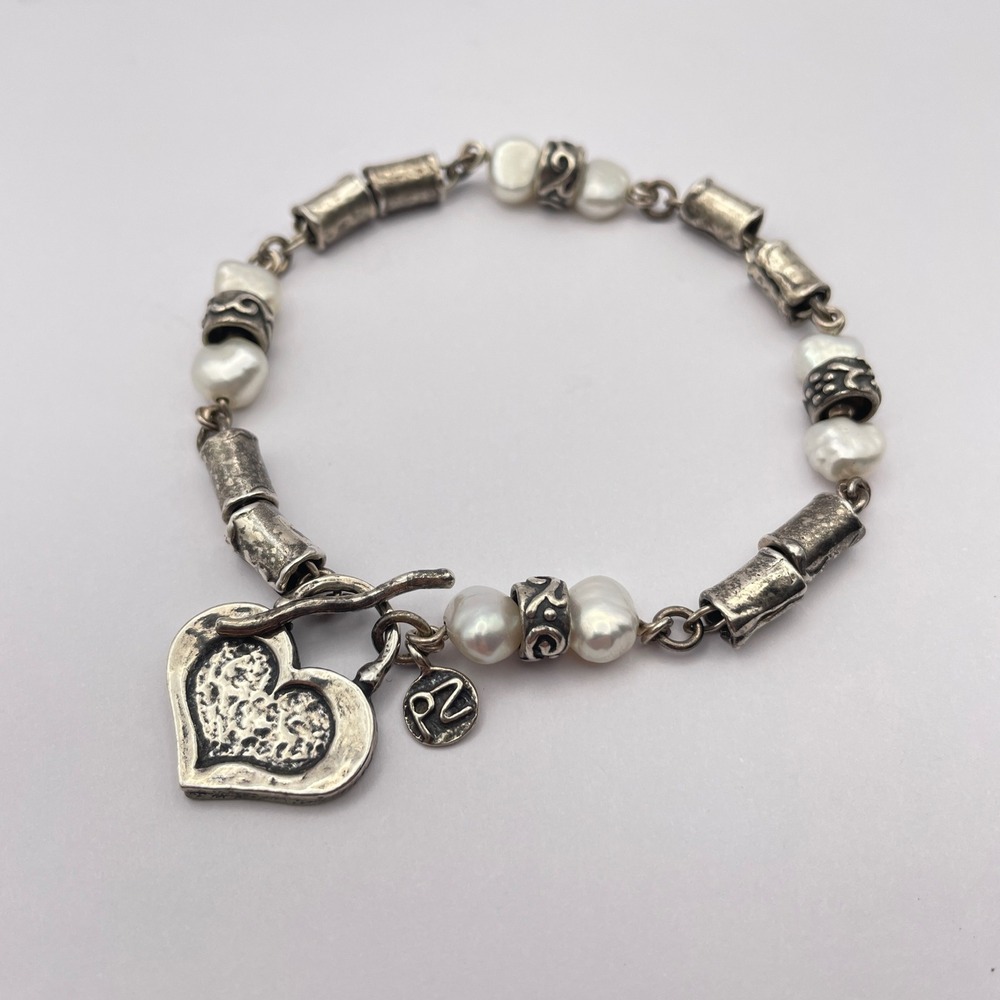 Or Paz Sterling Silver Pearl Heart Toggle Bracelet Designer Beaded Bracelet